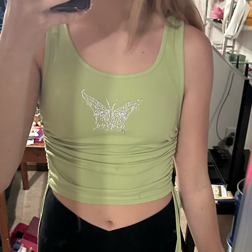 Green Adjustable Tank Top Butterfly Print
